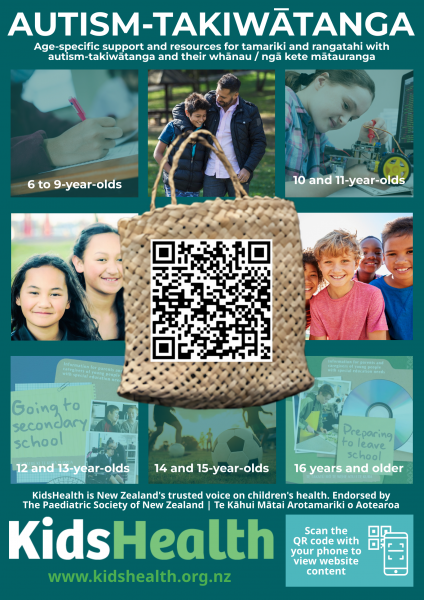 A QR poster highlighting the age-specific information on autism-takiwatanga on the KidsHealth website. Includes images, words and a QR code.
