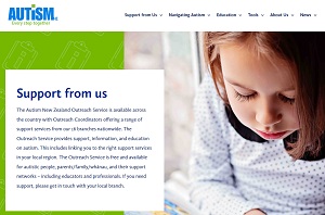 An image of the support page of the Autism NZ website, showing information about the page and a photo of a young girl