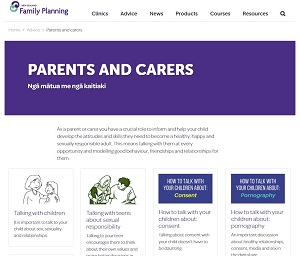 A screenshot of the Family Planning website section for parents and caregivers, with the organisation's logo and written content