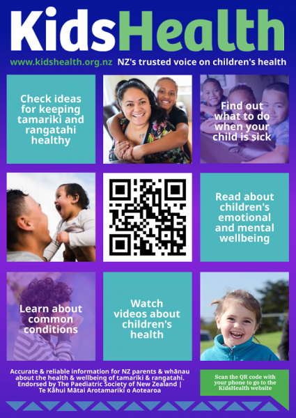 KidsHealth general QR code poster displaying photos and words about the KidsHealth website
