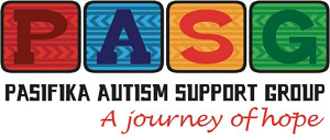 Logo of the Pasifika Autism Support group - big colourful letters 'PASG' with words 'a journey of hope' underneath