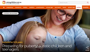 Raising children website image showing logo and photo of woman with young girl 