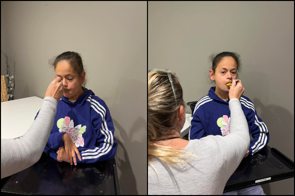 Two photos side by side showing a child in a wheelchair eating food.