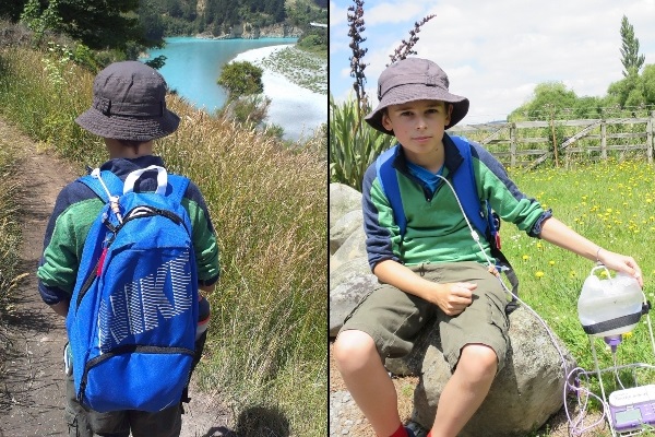 Alexander enjoying another adventure. Carrying his continuous tube feeding equipment for a day out exploring the beautiful Rakaia Gorge Walkway with his whānau,