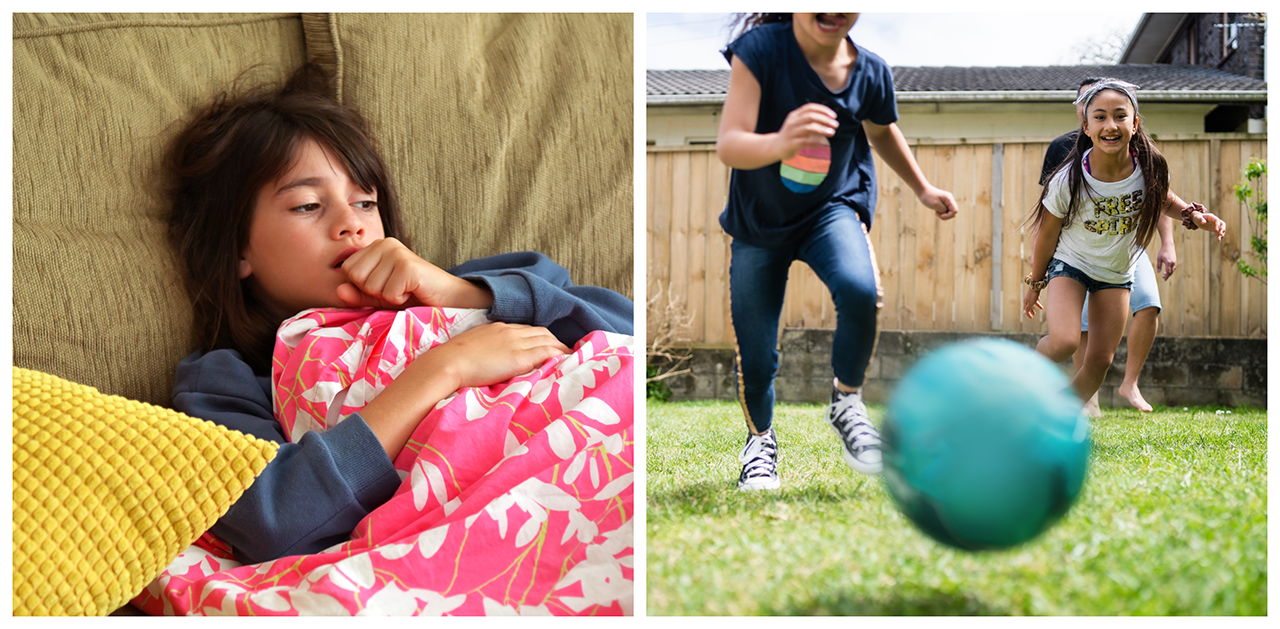 Two images - unwell child on couch and kids running to a ball