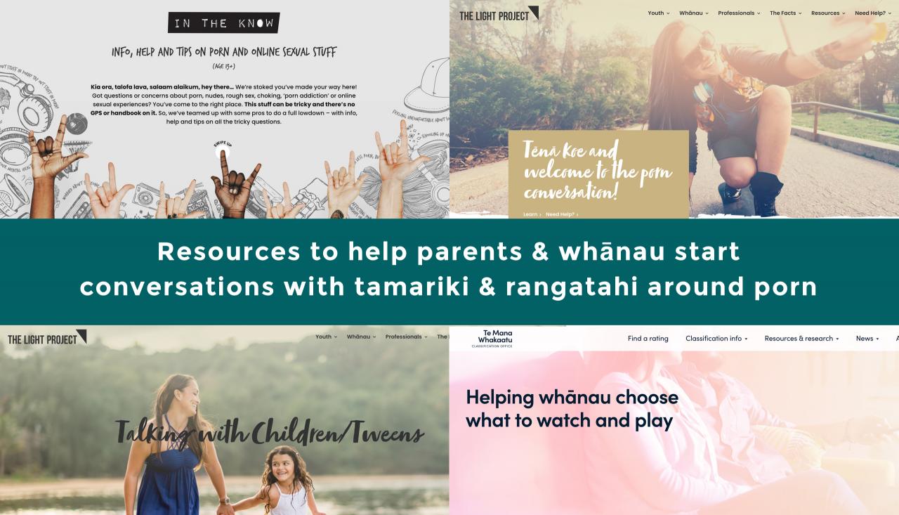 Collage of screenshots of various organisations supporting parents and whānau with starting conversations around porn