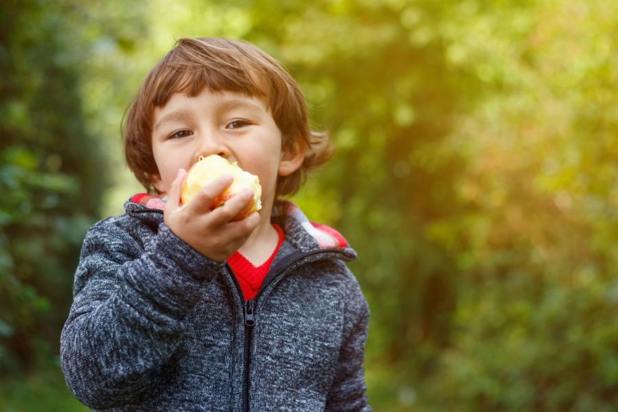 Photo of a child eating an apple outside